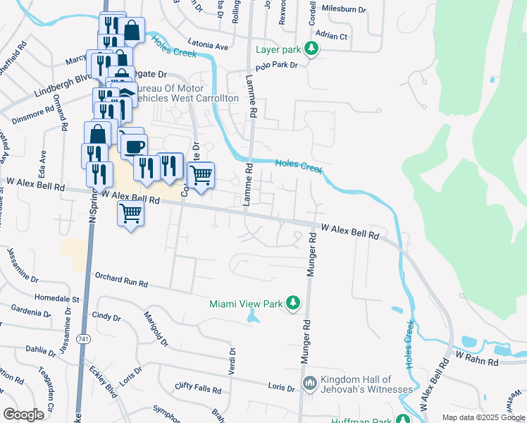 map of restaurants, bars, coffee shops, grocery stores, and more near 2409 West Alex Bell Road in Centerville