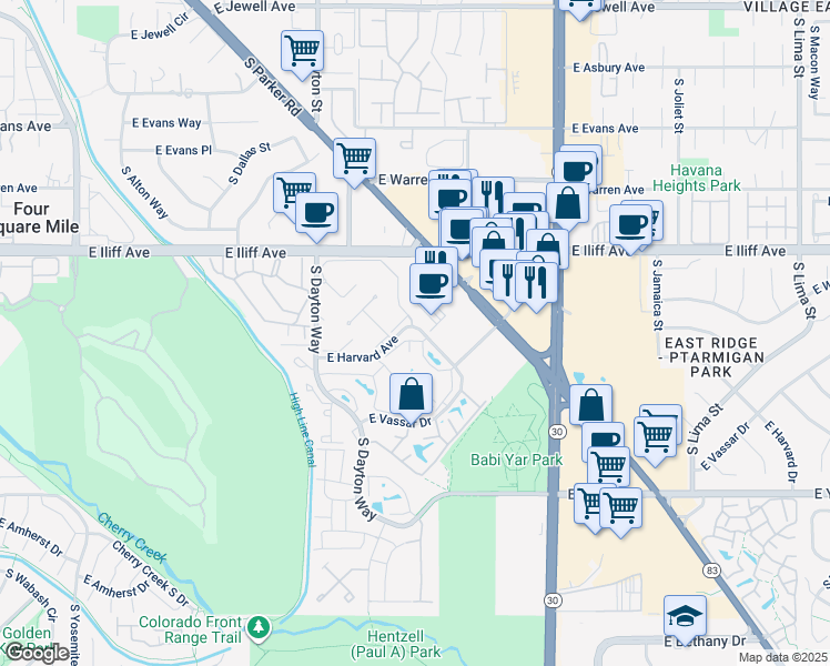 map of restaurants, bars, coffee shops, grocery stores, and more near 10050 East Harvard Avenue in Denver