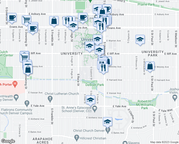 map of restaurants, bars, coffee shops, grocery stores, and more near 2450 South Vine Street in Denver