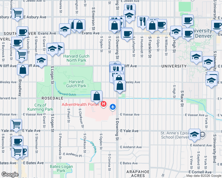 map of restaurants, bars, coffee shops, grocery stores, and more near 2442 South Corona Street in Denver