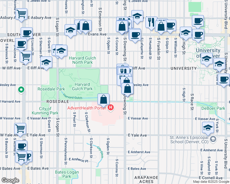 map of restaurants, bars, coffee shops, grocery stores, and more near 2442 South Corona Street in Denver