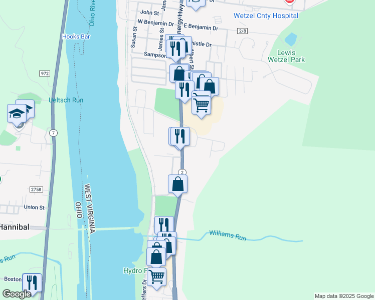 map of restaurants, bars, coffee shops, grocery stores, and more near 213 West Virginia 2 in New Martinsville