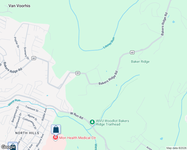 map of restaurants, bars, coffee shops, grocery stores, and more near 874 Bakers Ridge Road in Morgantown