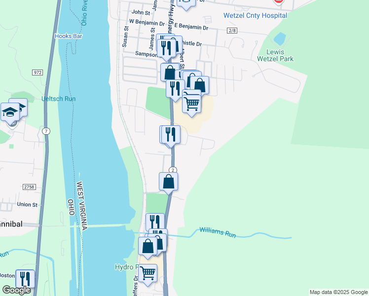 map of restaurants, bars, coffee shops, grocery stores, and more near 213 West Virginia 2 in New Martinsville