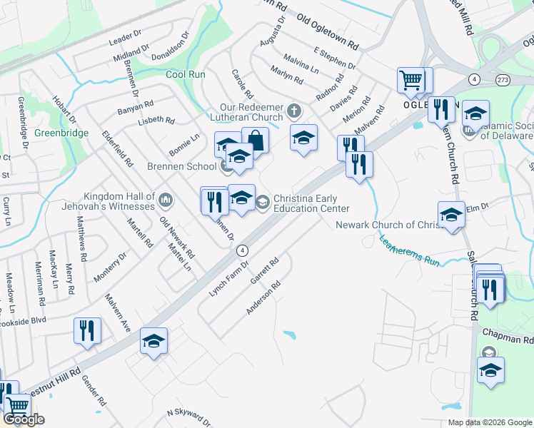 map of restaurants, bars, coffee shops, grocery stores, and more near 620 East Chestnut Hill Road in Newark
