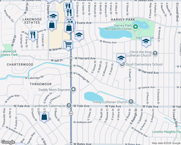 map of restaurants, bars, coffee shops, grocery stores, and more near 2597 South Xavier Street in Denver