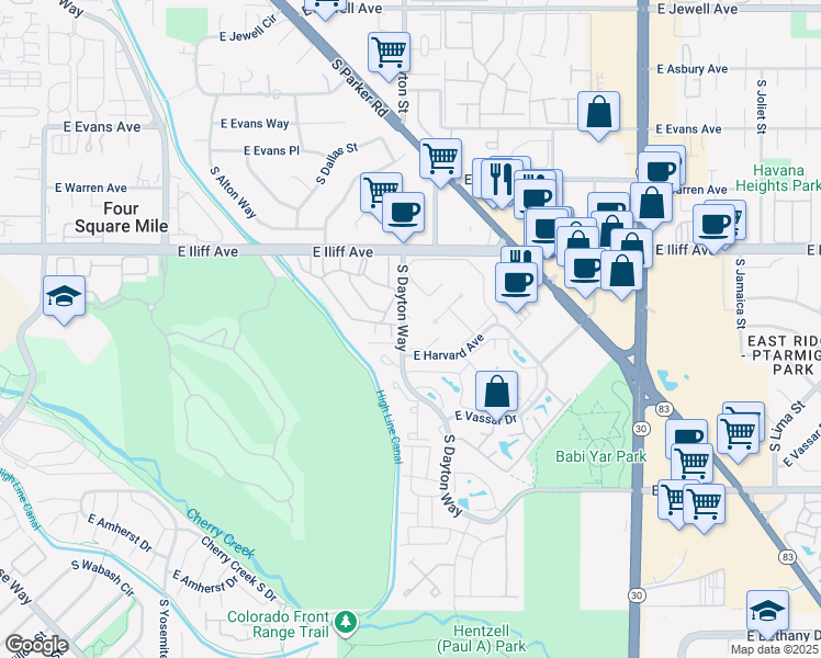 map of restaurants, bars, coffee shops, grocery stores, and more near 9725 East Harvard Avenue in Denver