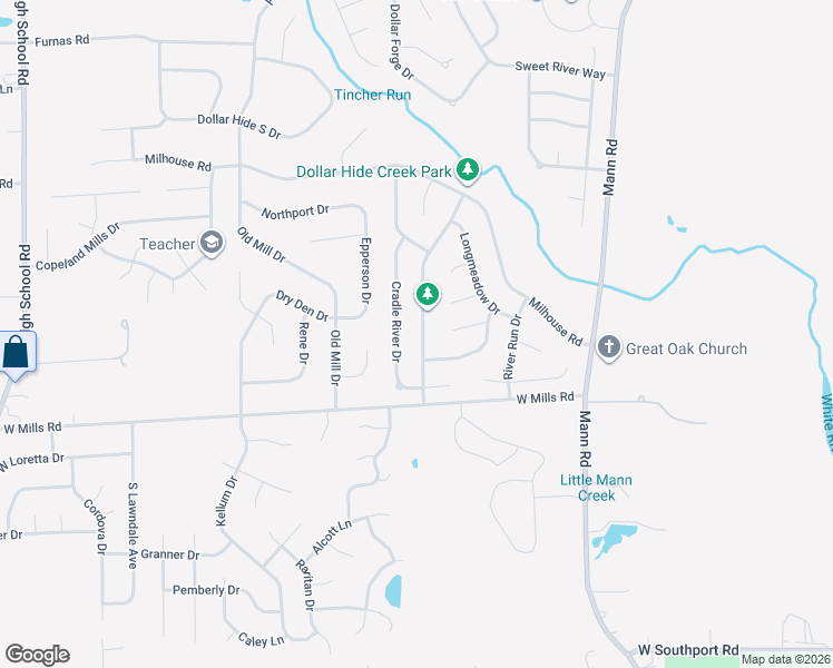 map of restaurants, bars, coffee shops, grocery stores, and more near 6333 Cradle River Drive in Indianapolis