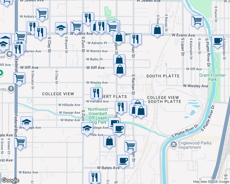 map of restaurants, bars, coffee shops, grocery stores, and more near 2060 West Baker Avenue in Englewood