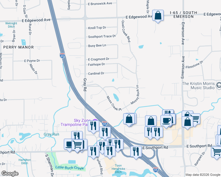 map of restaurants, bars, coffee shops, grocery stores, and more near 4505 Moss Ridge Lane in Indianapolis