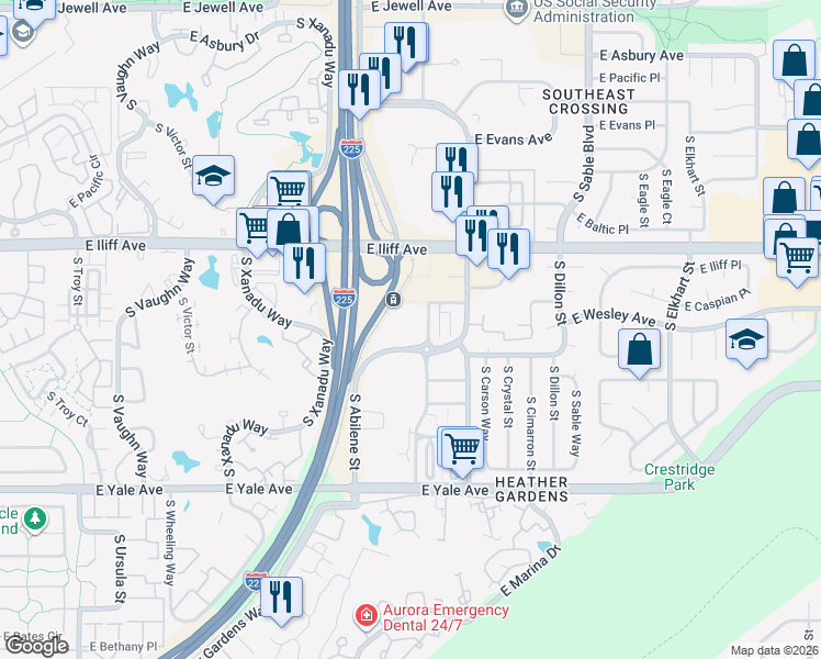 map of restaurants, bars, coffee shops, grocery stores, and more near 13941 East Harvard Avenue in Aurora