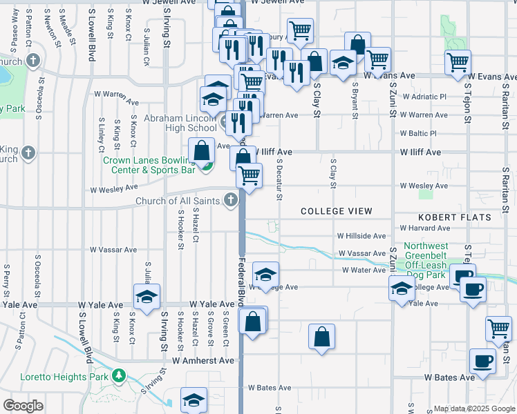 map of restaurants, bars, coffee shops, grocery stores, and more near 2901 West Harvard Avenue in Denver