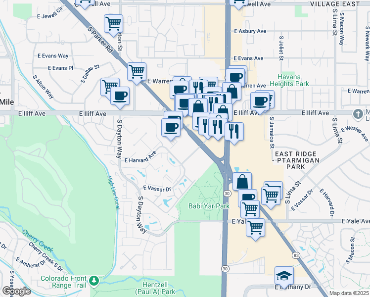 map of restaurants, bars, coffee shops, grocery stores, and more near 10375 East Harvard Avenue in Denver