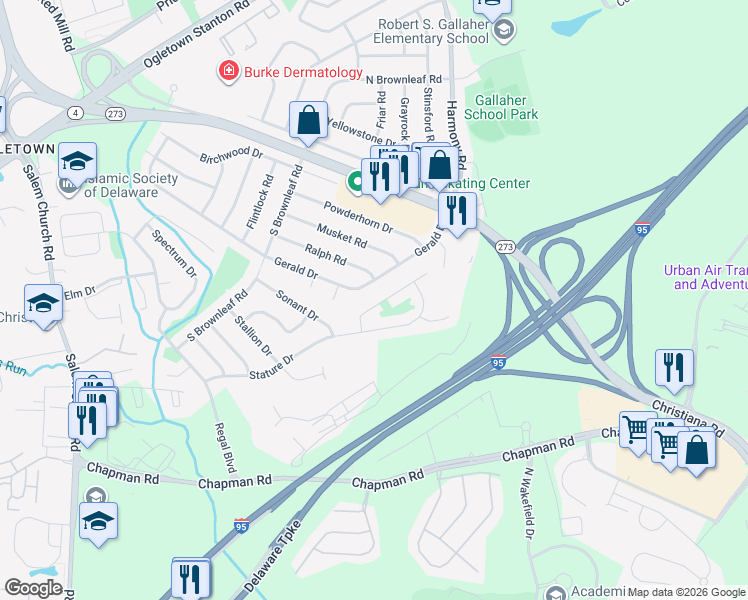 map of restaurants, bars, coffee shops, grocery stores, and more near 103 Fox Drive in Newark