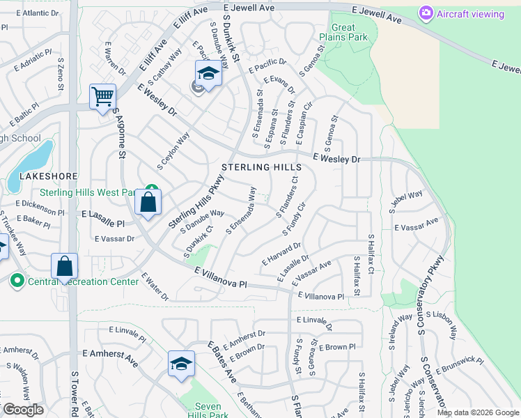 map of restaurants, bars, coffee shops, grocery stores, and more near 2564 South Ensenada Way in Aurora