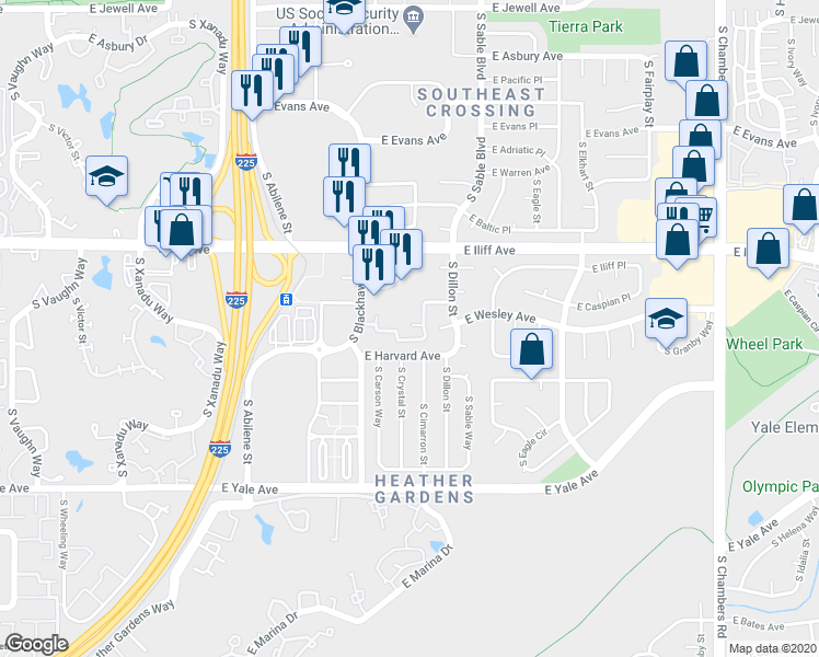 map of restaurants, bars, coffee shops, grocery stores, and more near 14375 East Harvard Avenue in Aurora