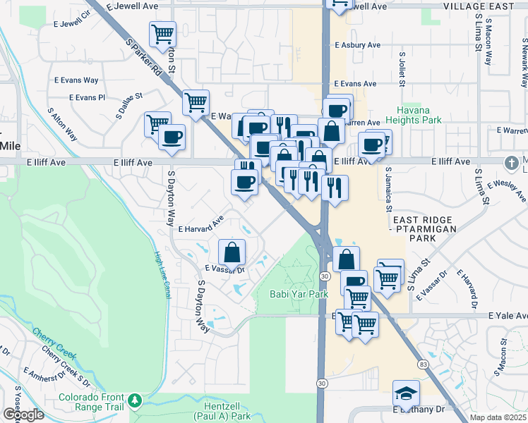 map of restaurants, bars, coffee shops, grocery stores, and more near 10375 East Harvard Avenue in Denver