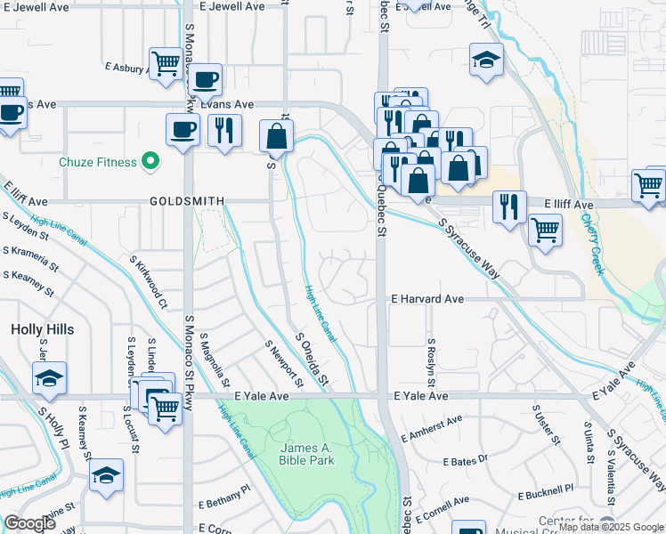 map of restaurants, bars, coffee shops, grocery stores, and more near 2445 South Quebec Street in Denver