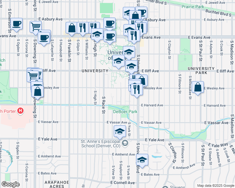 map of restaurants, bars, coffee shops, grocery stores, and more near 2450 South Vine Street in Denver