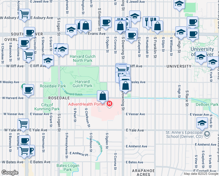 map of restaurants, bars, coffee shops, grocery stores, and more near 2448 South Ogden Street in Denver