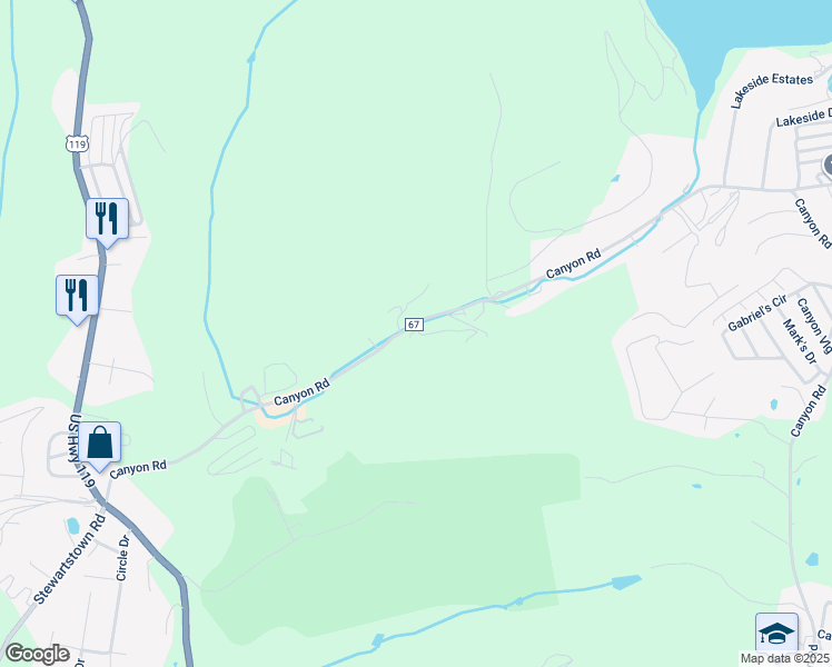 map of restaurants, bars, coffee shops, grocery stores, and more near 1125 Canyon Road in Morgantown