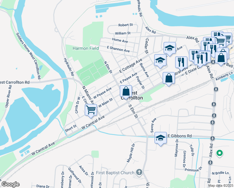 map of restaurants, bars, coffee shops, grocery stores, and more near 12 West Main Street in West Carrollton