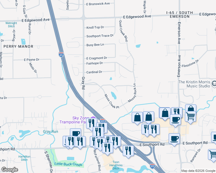 map of restaurants, bars, coffee shops, grocery stores, and more near 4505 Moss Ridge Lane in Indianapolis
