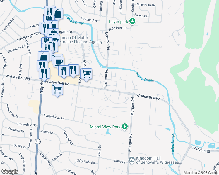 map of restaurants, bars, coffee shops, grocery stores, and more near 2409 West Alex Bell Road in Centerville
