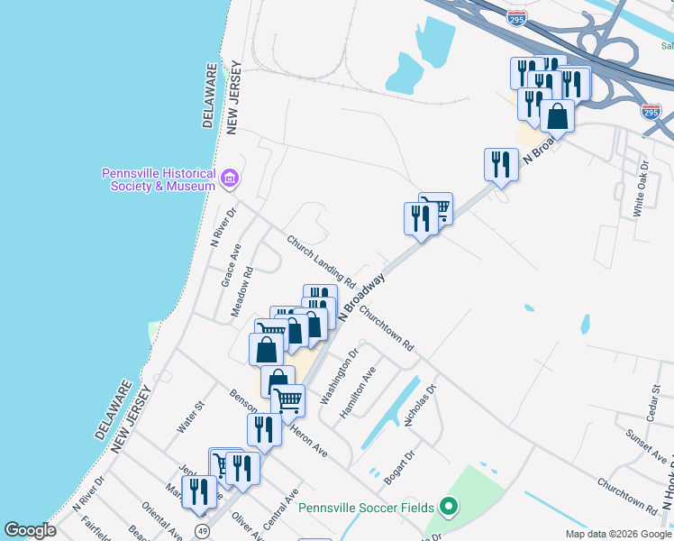 map of restaurants, bars, coffee shops, grocery stores, and more near 305 North Broadway in Pennsville