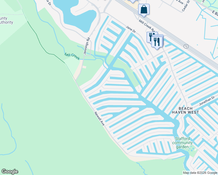 map of restaurants, bars, coffee shops, grocery stores, and more near 124 Evelyn Drive in Stafford Township