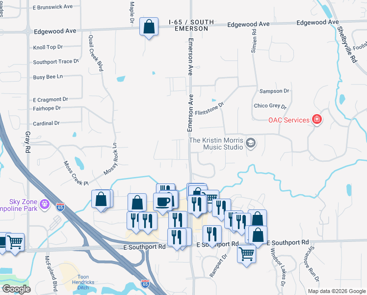 map of restaurants, bars, coffee shops, grocery stores, and more near 6519 Jade Stream Court in Indianapolis