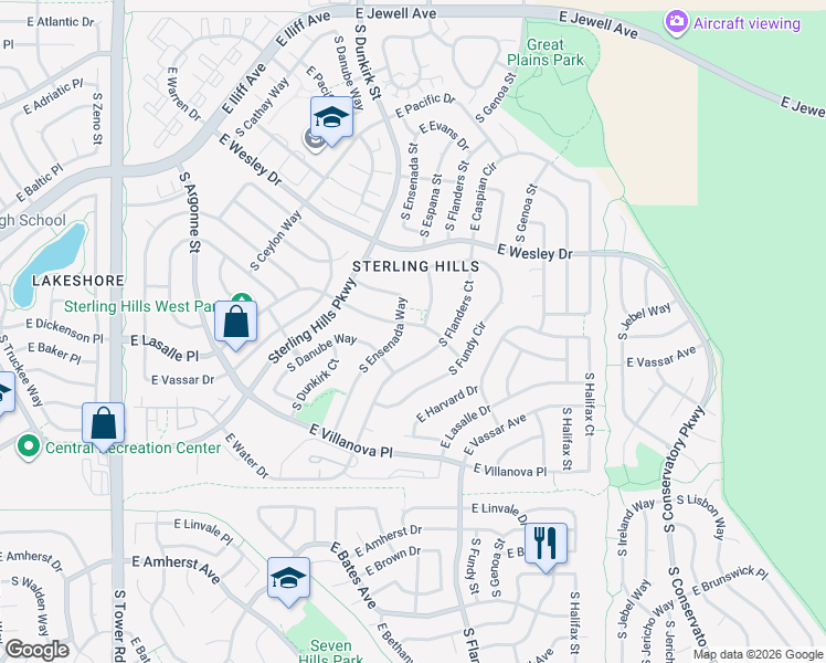 map of restaurants, bars, coffee shops, grocery stores, and more near 2564 South Ensenada Way in Aurora