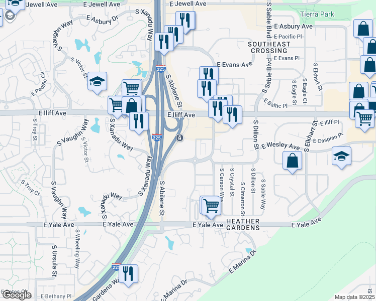 map of restaurants, bars, coffee shops, grocery stores, and more near 13941 East Harvard Avenue in Aurora