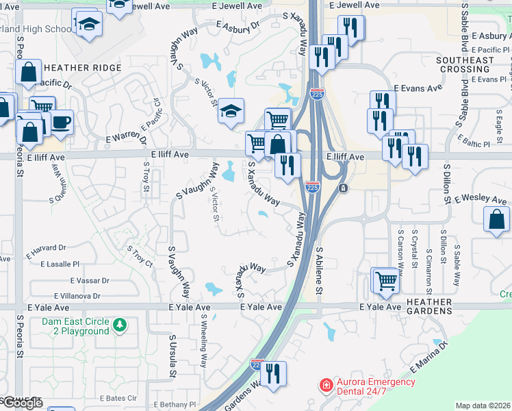 map of restaurants, bars, coffee shops, grocery stores, and more near 2415 South Xanadu Way in Aurora