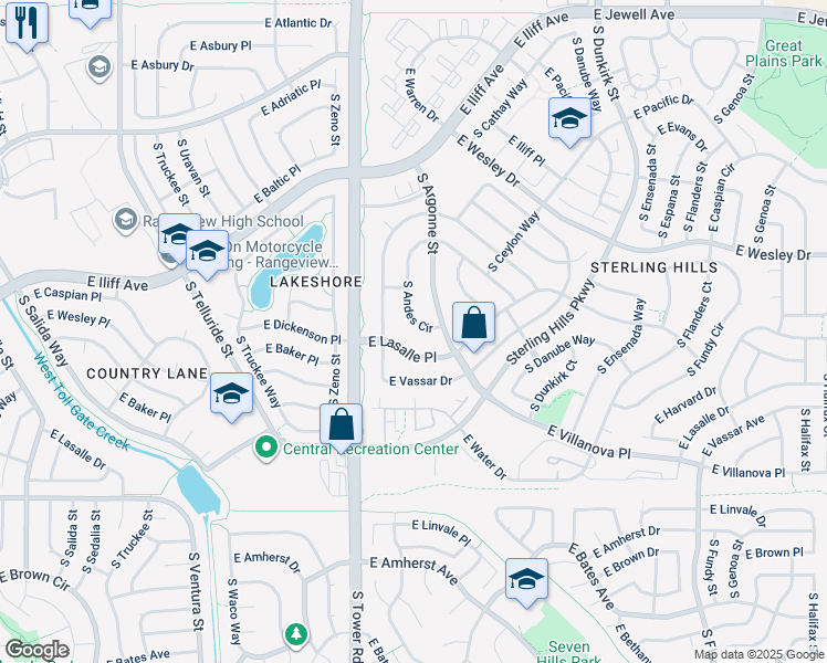 map of restaurants, bars, coffee shops, grocery stores, and more near 18613 East Lasalle Place in Aurora