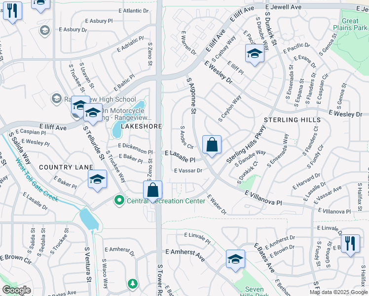map of restaurants, bars, coffee shops, grocery stores, and more near 18613 East Lasalle Place in Aurora