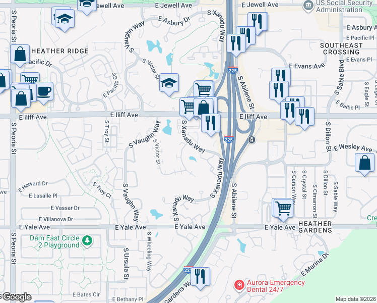 map of restaurants, bars, coffee shops, grocery stores, and more near 2429 South Xanadu Way in Aurora