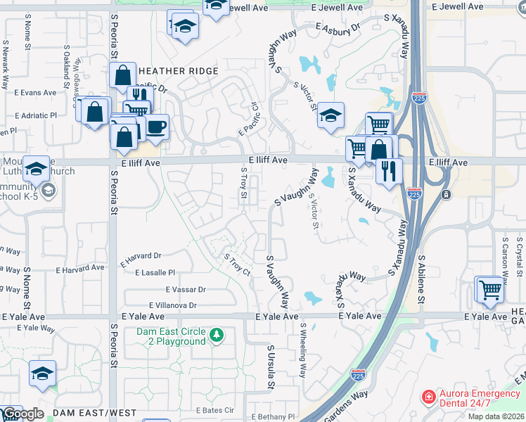 map of restaurants, bars, coffee shops, grocery stores, and more near 12880 East Dickenson Place in Aurora