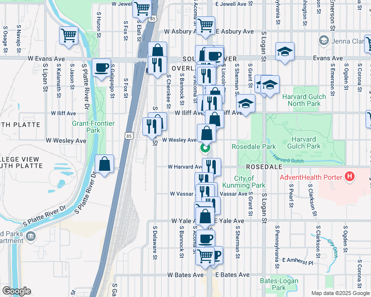 map of restaurants, bars, coffee shops, grocery stores, and more near 2454 South Bannock Street in Denver