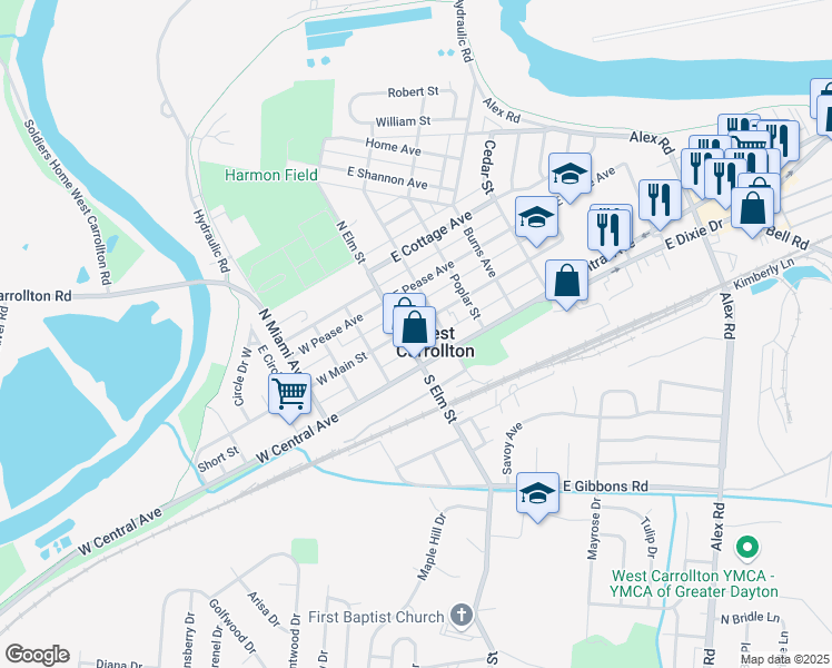 map of restaurants, bars, coffee shops, grocery stores, and more near 12 West Main Street in West Carrollton
