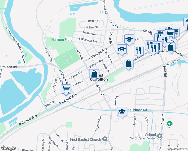 map of restaurants, bars, coffee shops, grocery stores, and more near 12 West Main Street in West Carrollton