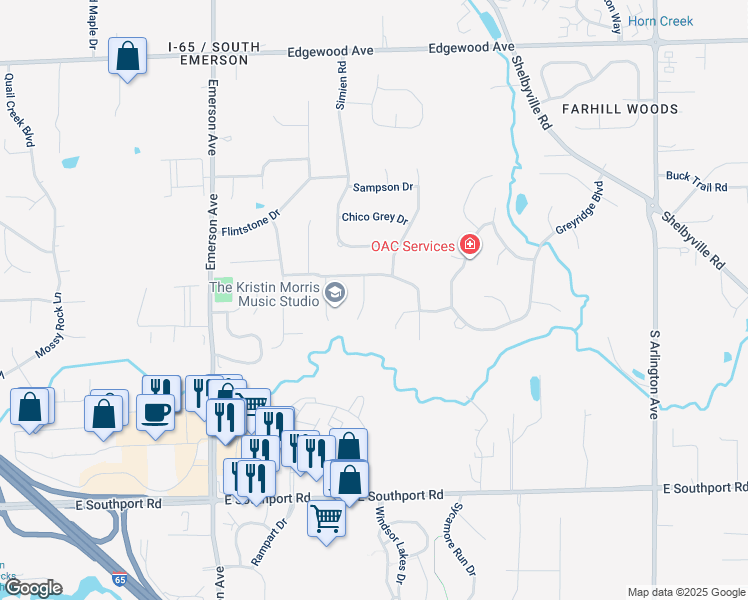 map of restaurants, bars, coffee shops, grocery stores, and more near 6529 Lillians Court in Indianapolis