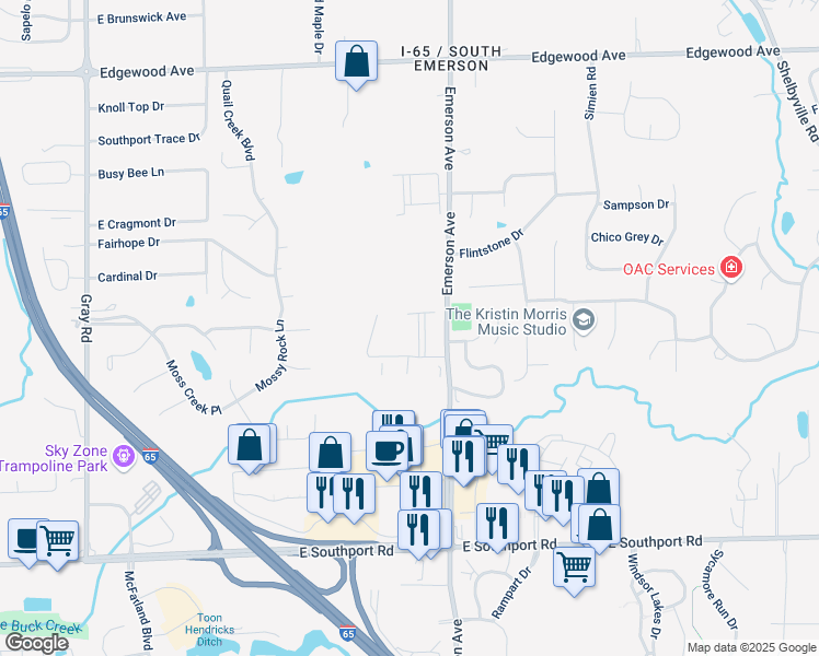 map of restaurants, bars, coffee shops, grocery stores, and more near 6527 Jade Stream Court in Indianapolis