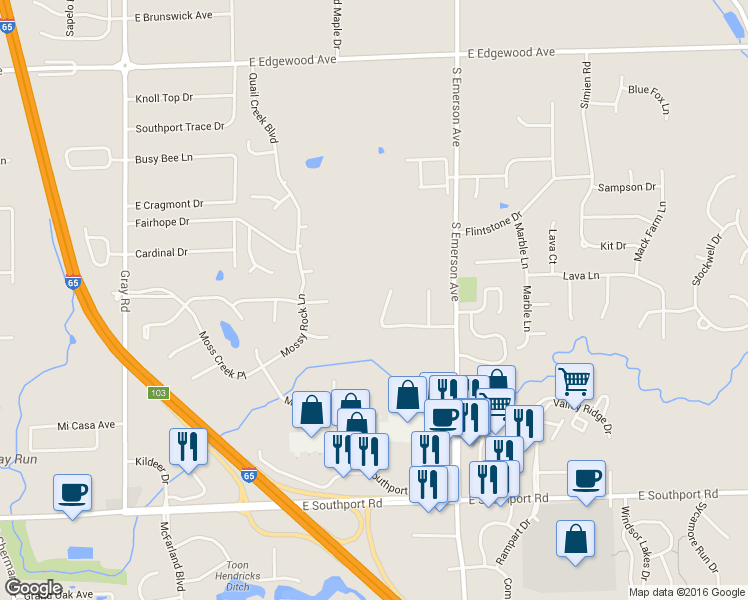 map of restaurants, bars, coffee shops, grocery stores, and more near 6516 Emerald Hill Court in Indianapolis