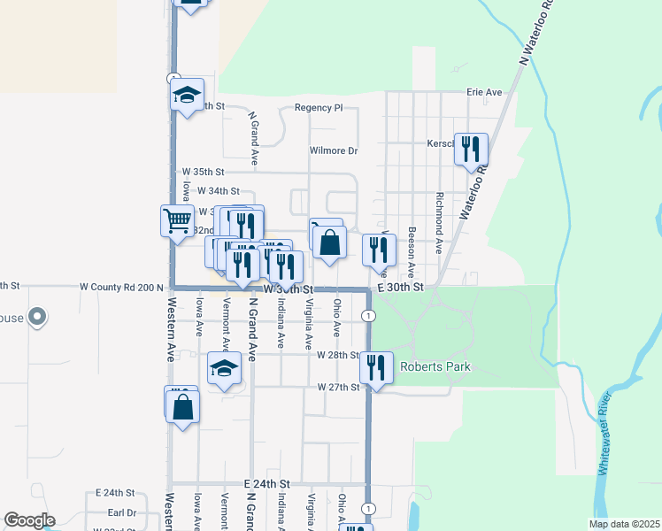 map of restaurants, bars, coffee shops, grocery stores, and more near 208 West 30th Street in Connersville
