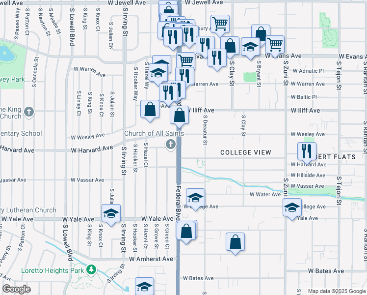 map of restaurants, bars, coffee shops, grocery stores, and more near 2901 West Harvard Avenue in Denver