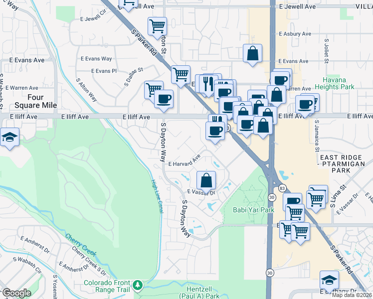 map of restaurants, bars, coffee shops, grocery stores, and more near 9725 East Harvard Avenue in Denver