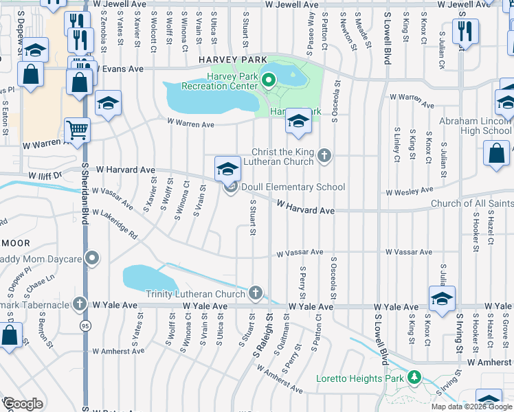 map of restaurants, bars, coffee shops, grocery stores, and more near 2521 South Raleigh Street in Denver