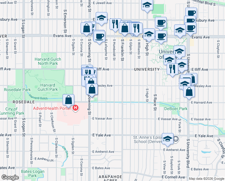 map of restaurants, bars, coffee shops, grocery stores, and more near 2455 South Humboldt Street in Denver