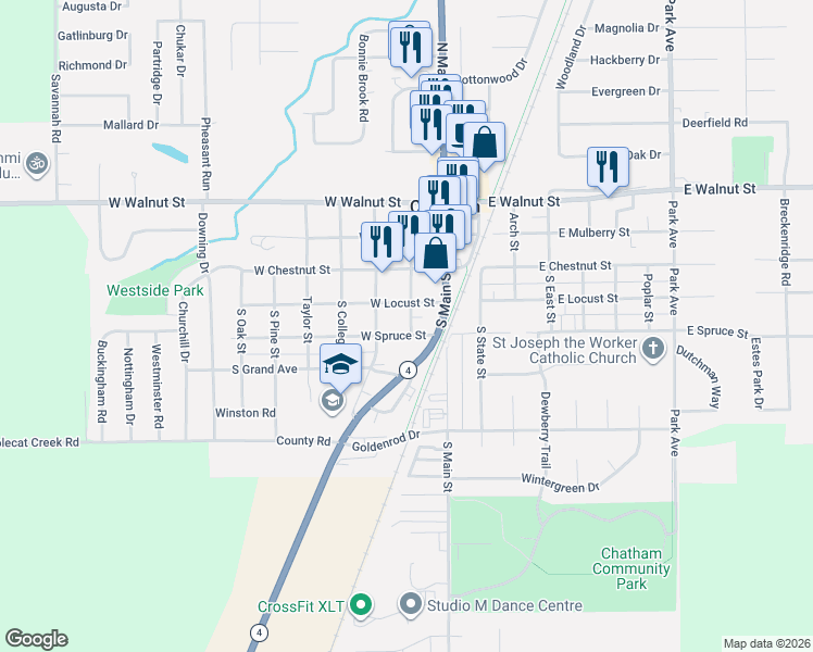 map of restaurants, bars, coffee shops, grocery stores, and more near 202 West Spruce Street in Chatham